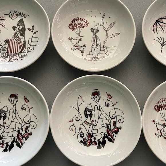 NAAMAN Israel Vintage Israeli Folklore Fine Porcelain Set of 6 Small Plates 4" - Picture 3 of 6